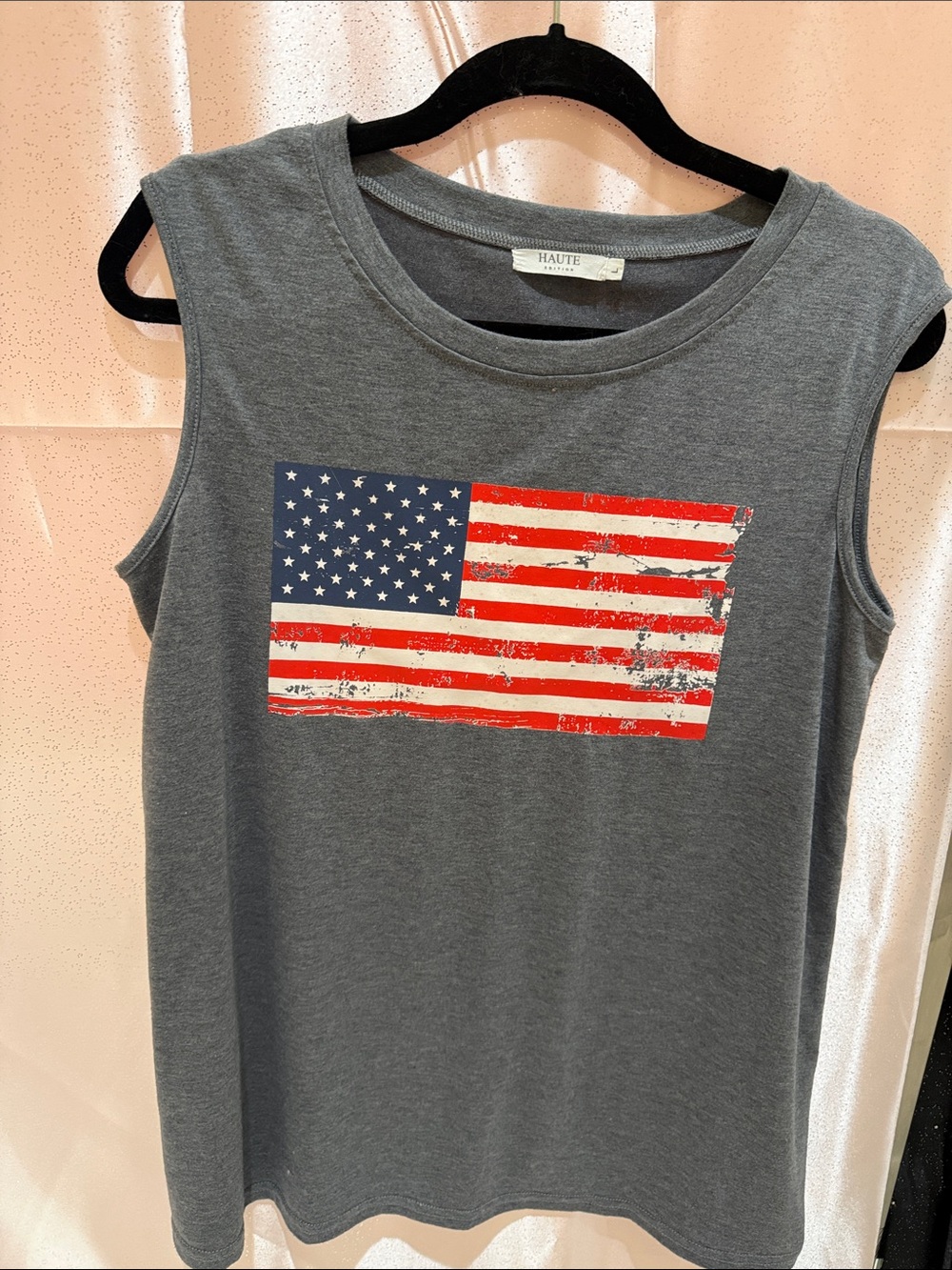 HAUTE Women's Gray Muscle Tee with Distressed American Flag